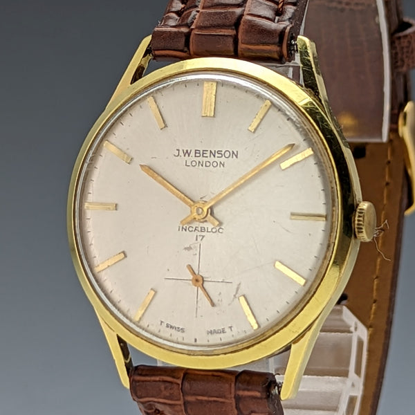 British vintage Benson men's wristwatch gold plated case 17 stones works well